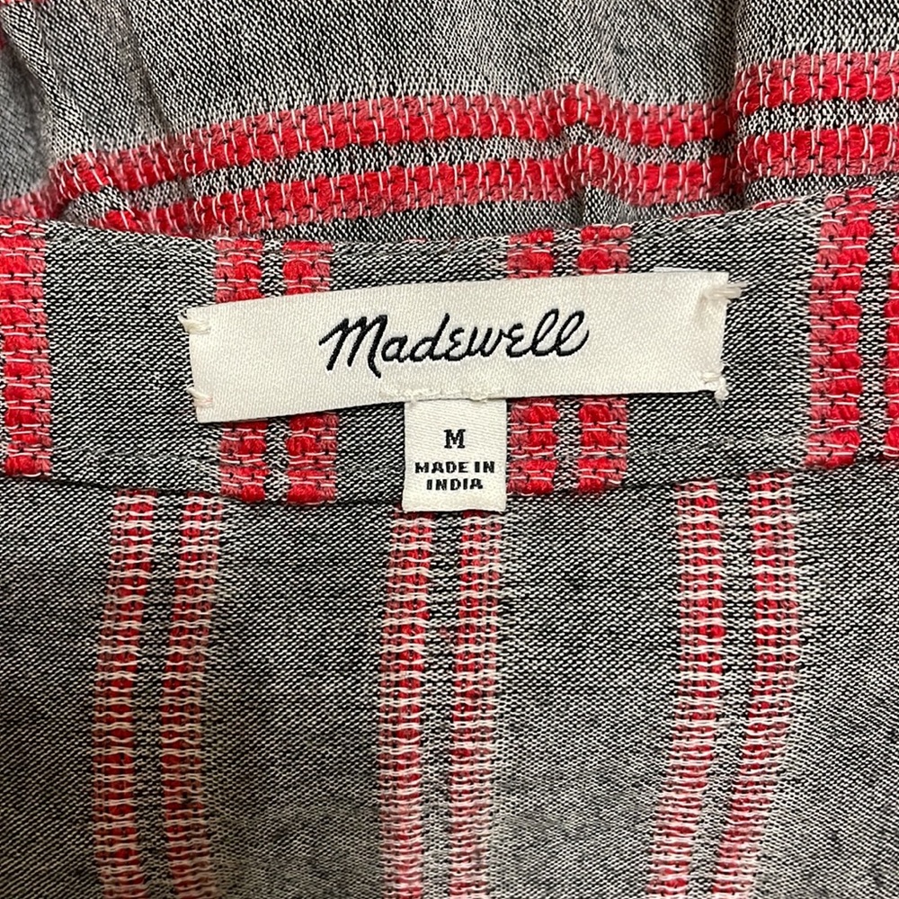 MADEWELL Gray and Red Striped Wrap Front Balloon Sleeve Peplum Hem Top - Picture 10 of 12